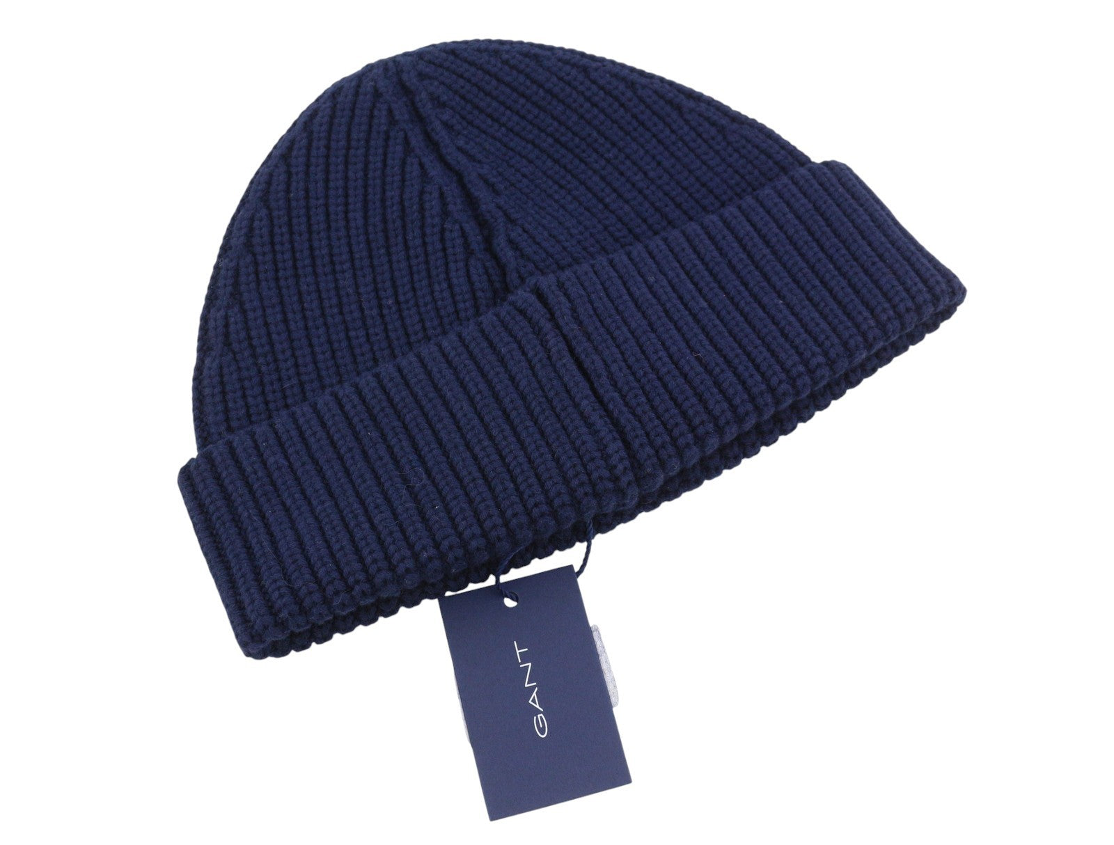 GANT Men Hat OS Dark Blue Wool Blend Tight-Knit Patch Logo Stretch Beanie