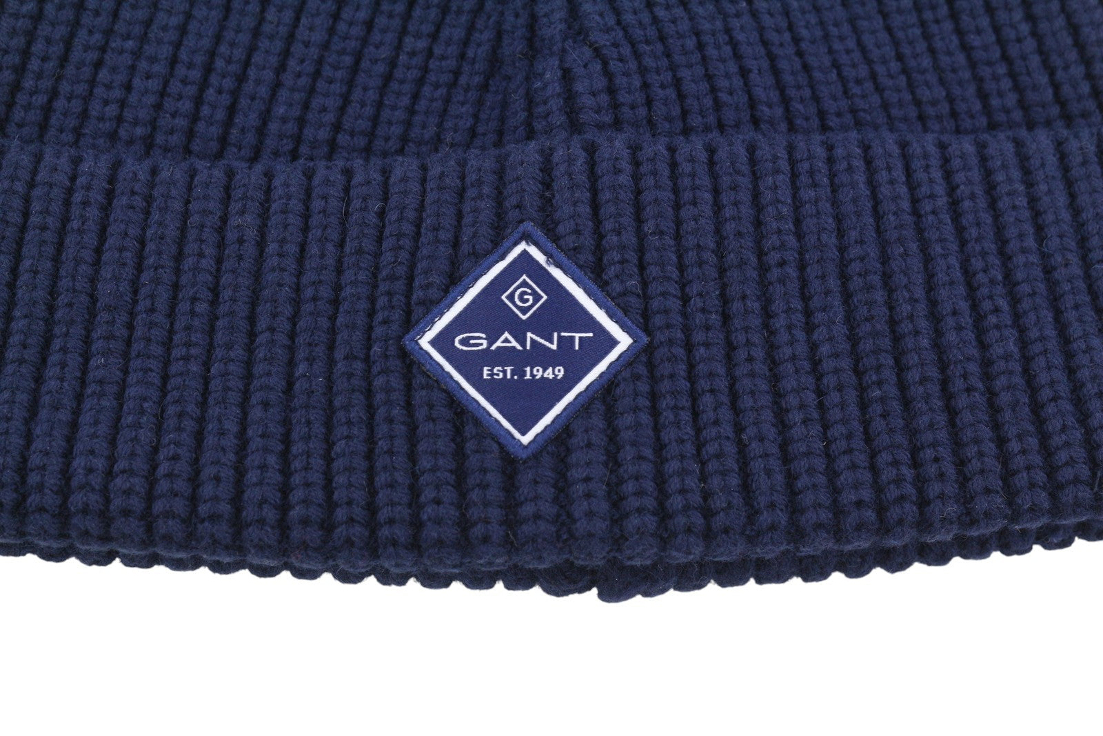 GANT Men Hat OS Dark Blue Wool Blend Tight-Knit Patch Logo Stretch Beanie