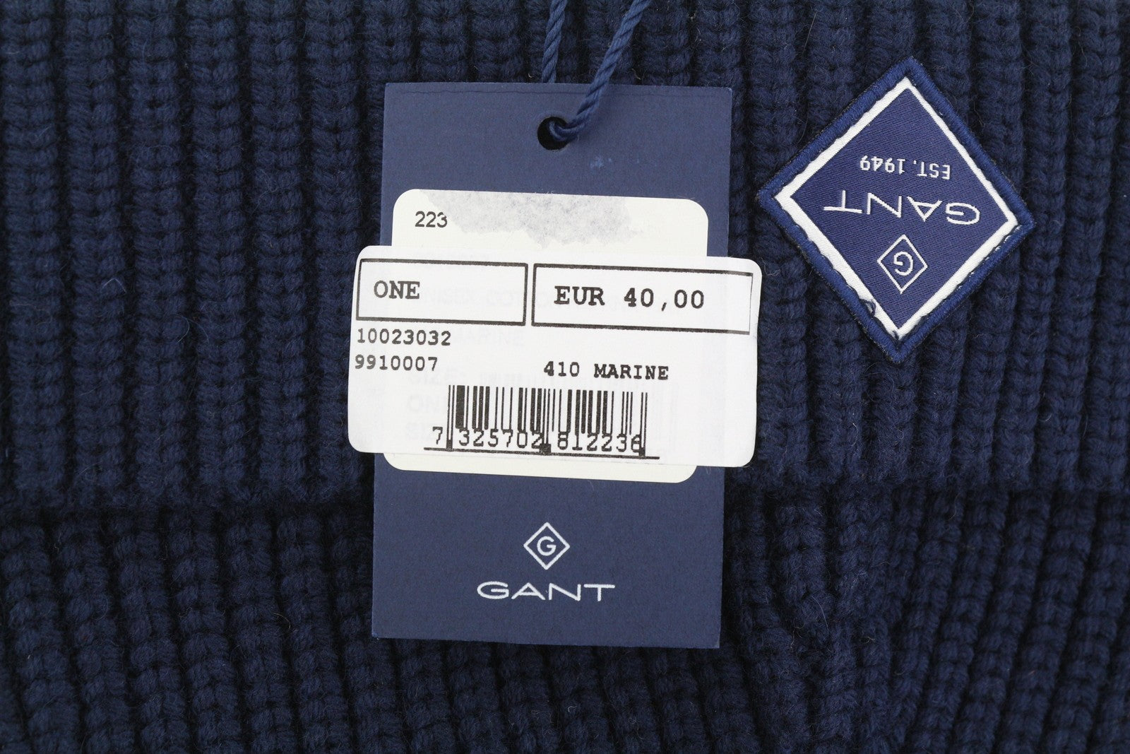 GANT Men Hat OS Dark Blue Wool Blend Tight-Knit Patch Logo Stretch Beanie
