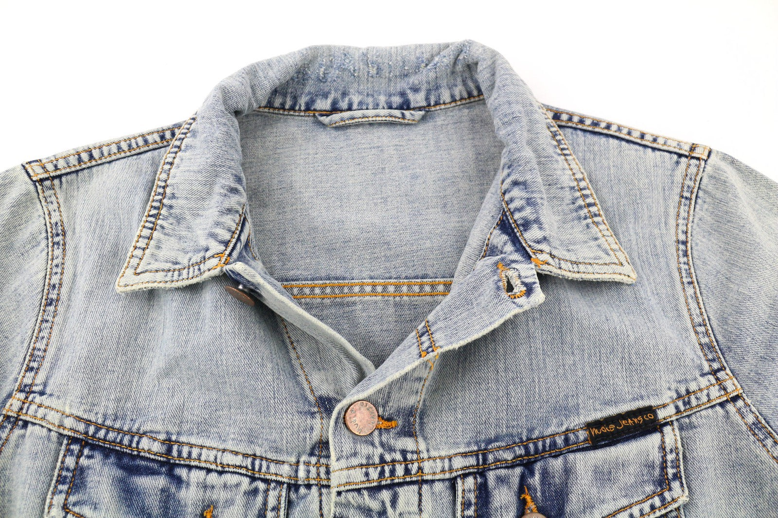 NUDIE JEANS Terry Men's Jacket S Bleach Blue Cotton Denim Spread Button