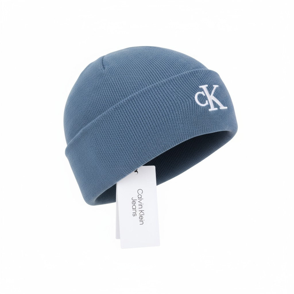 CALVIN KLEIN Monogram Embro Beanie Men Hat OS Blue Cotton Knit Embroidered Logo