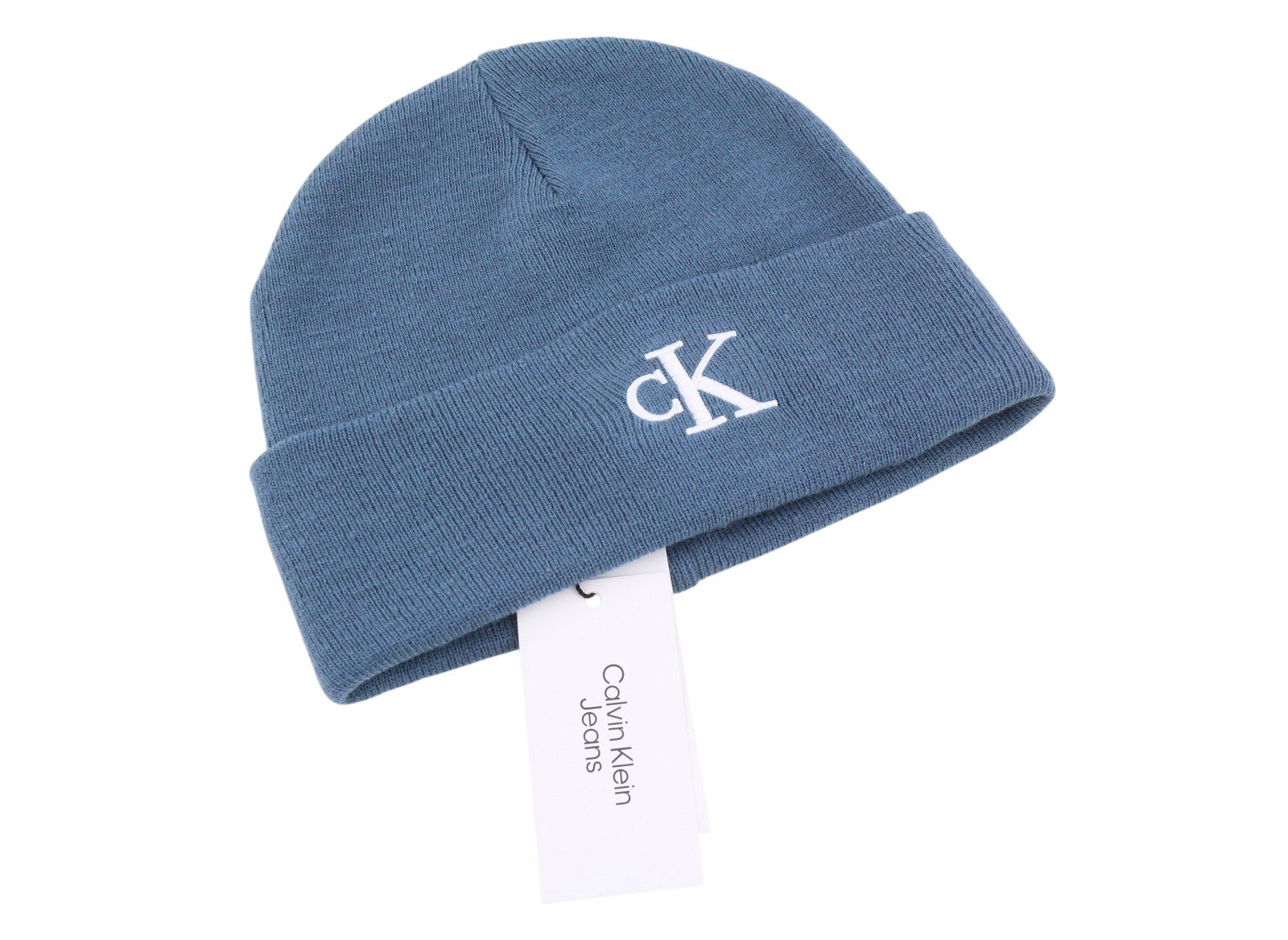 CALVIN KLEIN Monogram Embro Beanie Men Hat OS Blue Cotton Knit Embroidered Logo