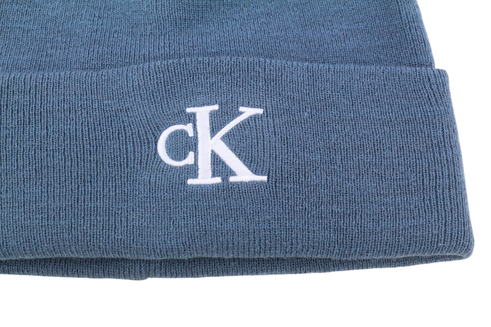 CALVIN KLEIN Monogram Embro Beanie Men Hat OS Blue Cotton Knit Embroidered Logo