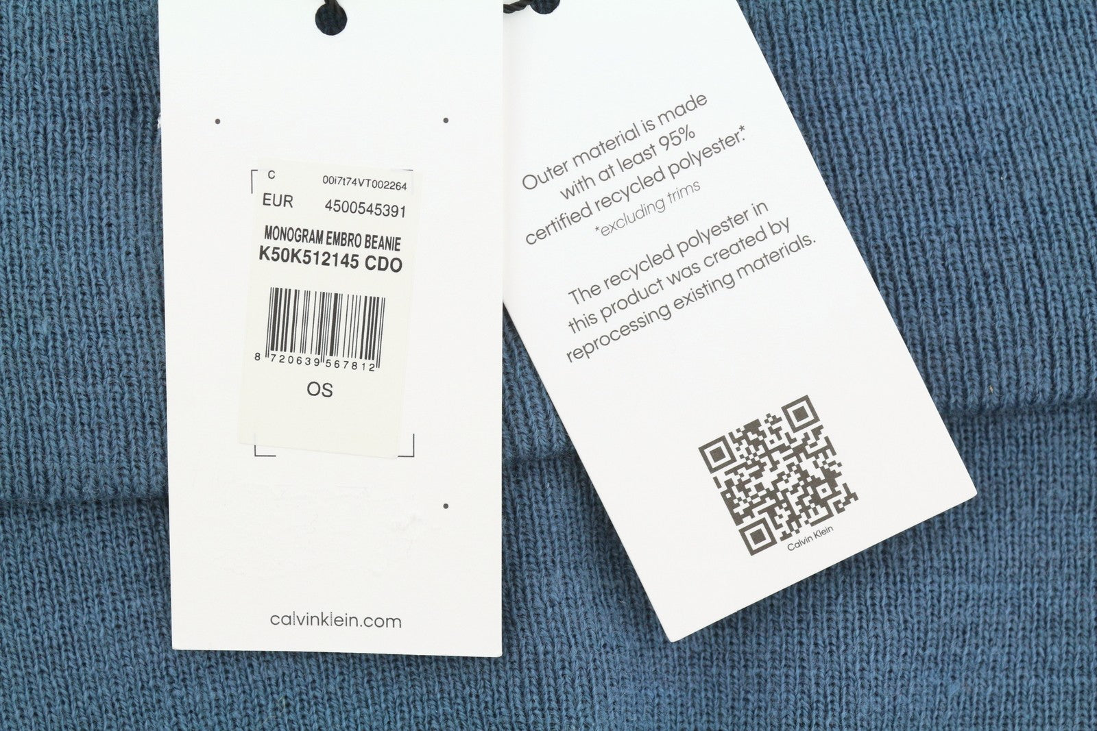 CALVIN KLEIN Monogram Embro Beanie Men Hat OS Blue Cotton Knit Embroidered Logo