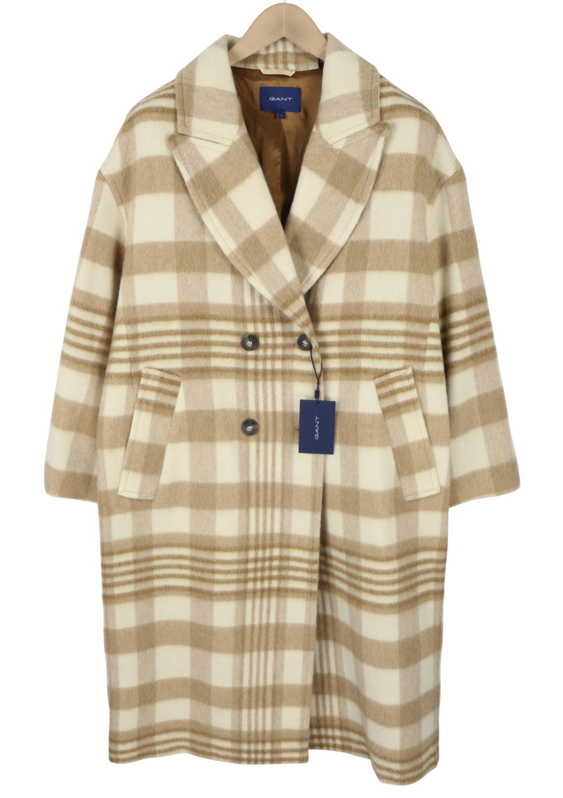 GANT Checked Overcoat Women Coat L Light Beige Melange Plaid Wool Blend RRP625
