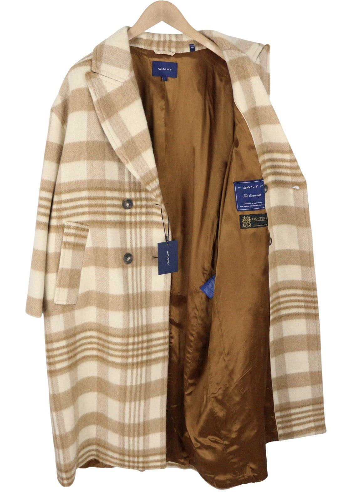 GANT Checked Overcoat Women Coat L Light Beige Melange Plaid Wool Blend RRP625