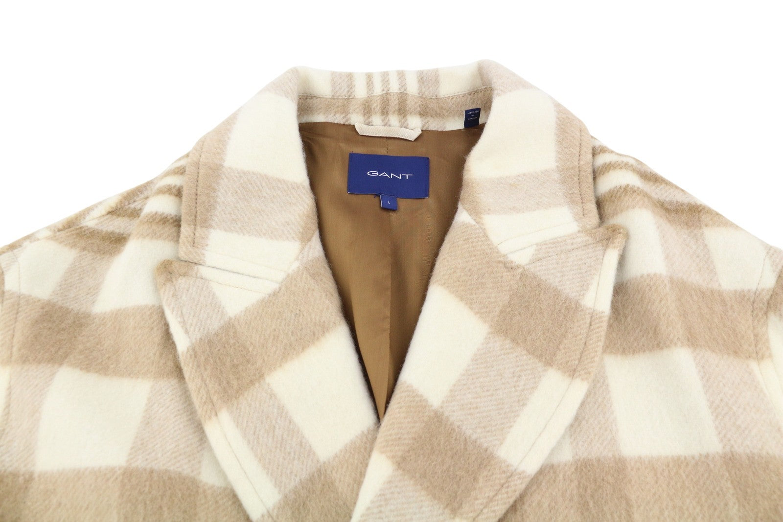 GANT Checked Overcoat Women Coat L Light Beige Melange Plaid Wool Blend RRP625