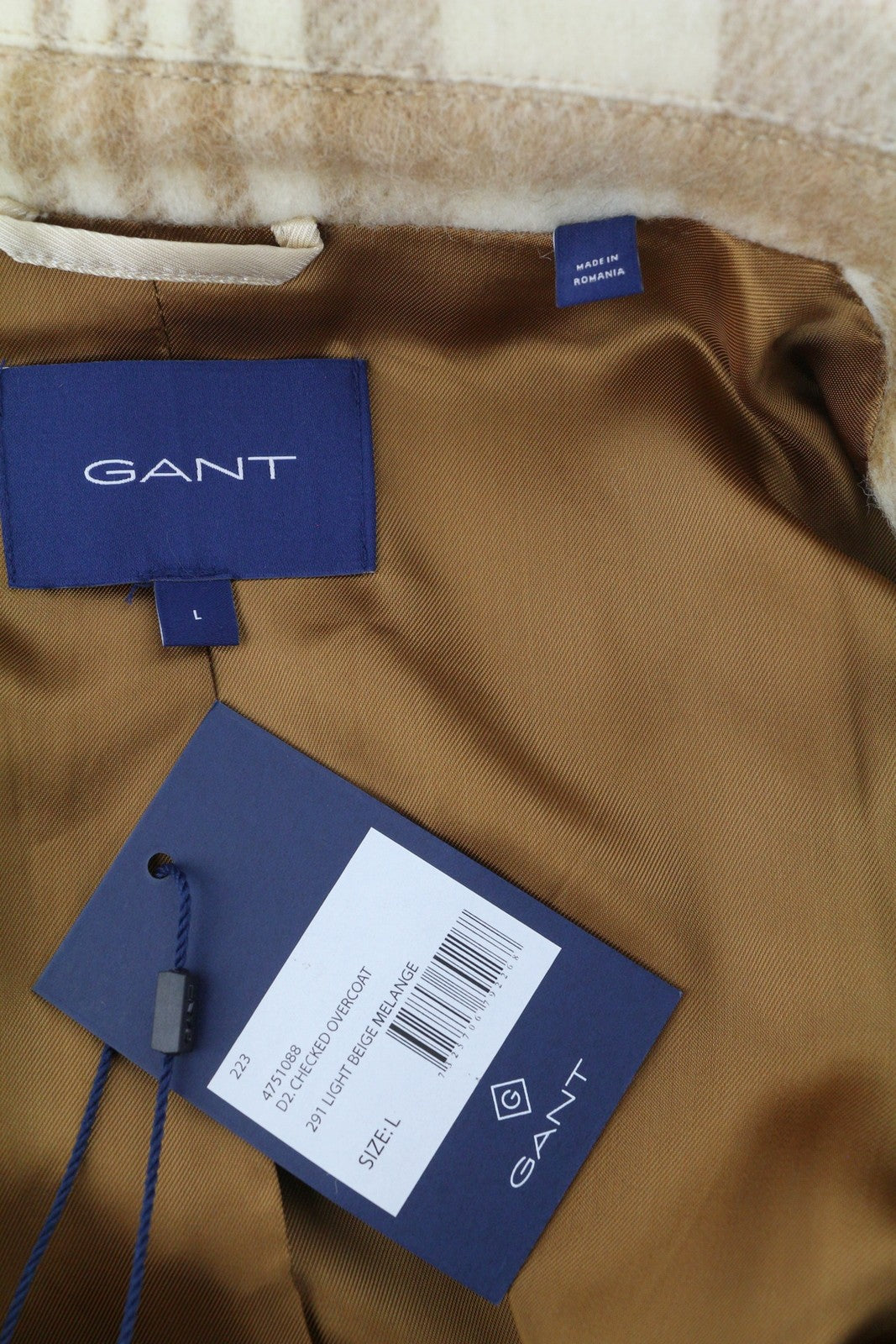 GANT Checked Overcoat Women Coat L Light Beige Melange Plaid Wool Blend RRP625