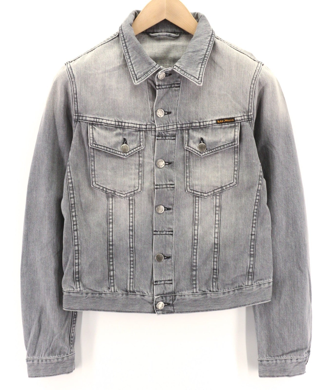 NUDIE JEANS Terry Sunbleached Black Men's Grey Denim Jacket S Pure Cotton Wash