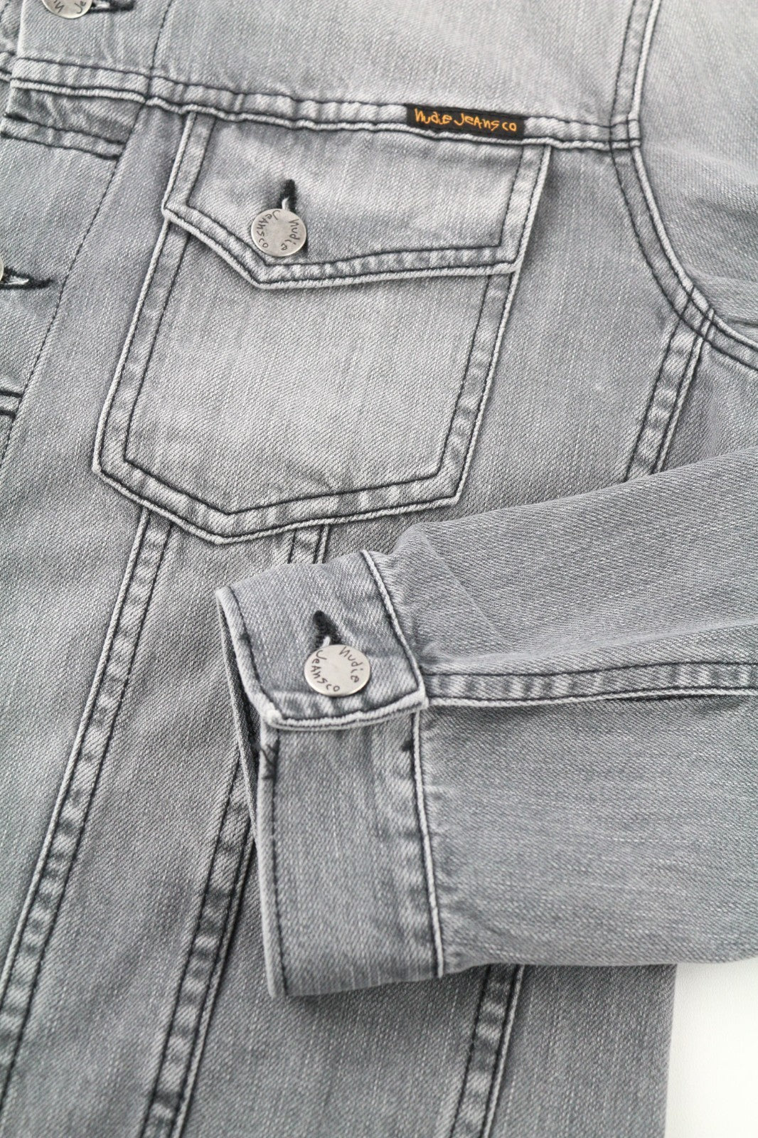 NUDIE JEANS Terry Sunbleached Black Men's Grey Denim Jacket S Pure Cotton Wash