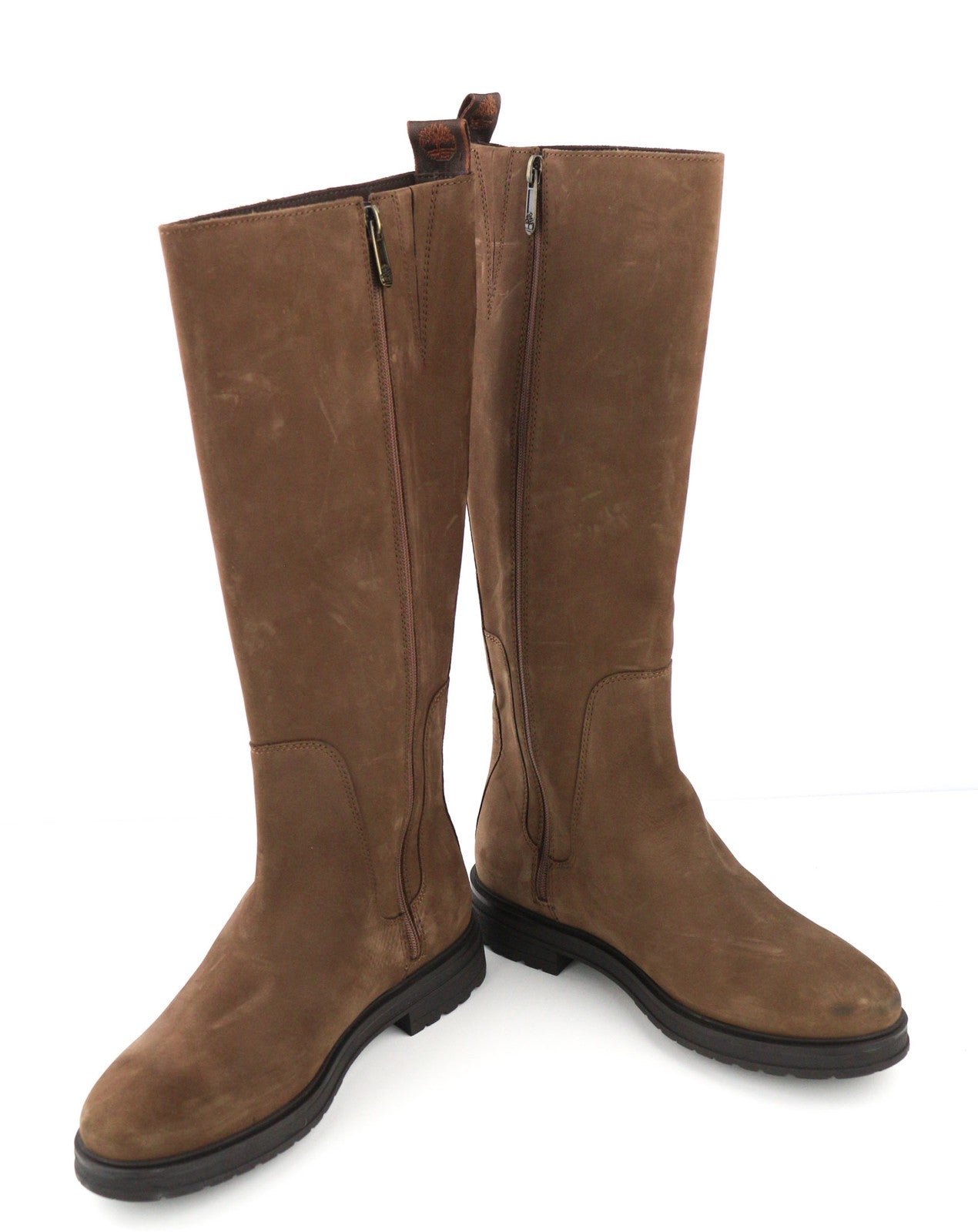 TIMBERLAND Women's EU38/39 Brown Leather Long Boots Zip Logo Almond Toe Casual