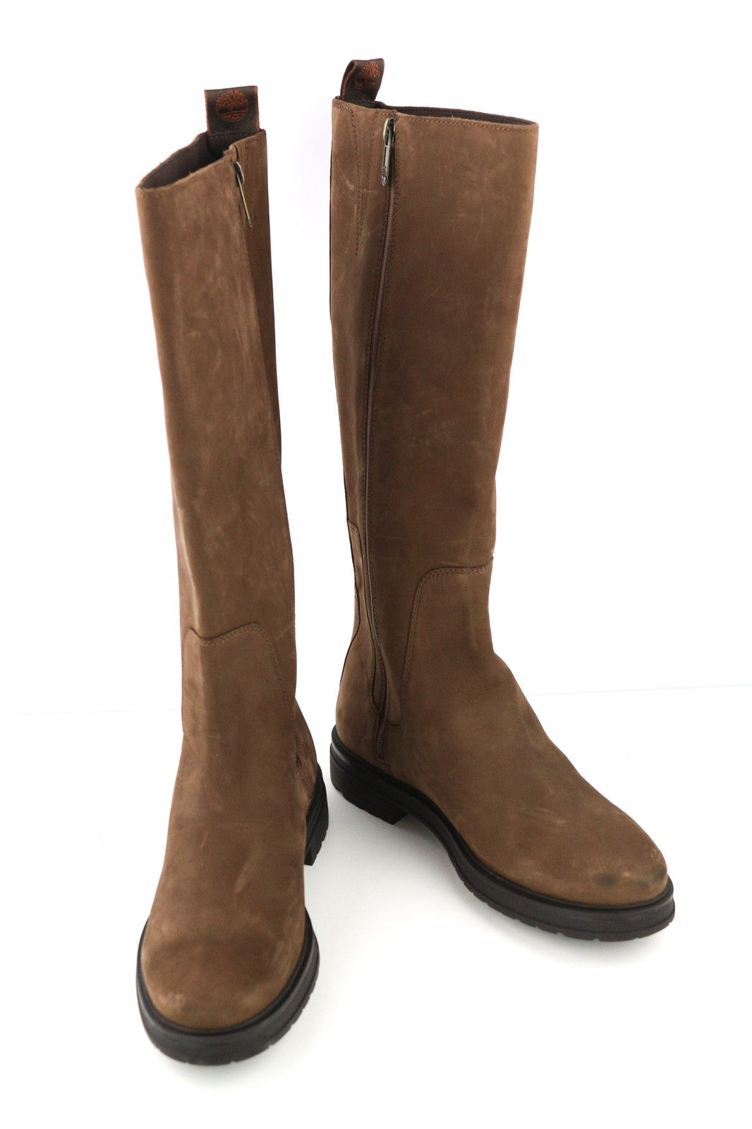 TIMBERLAND Women's EU38/39 Brown Leather Long Boots Zip Logo Almond Toe Casual