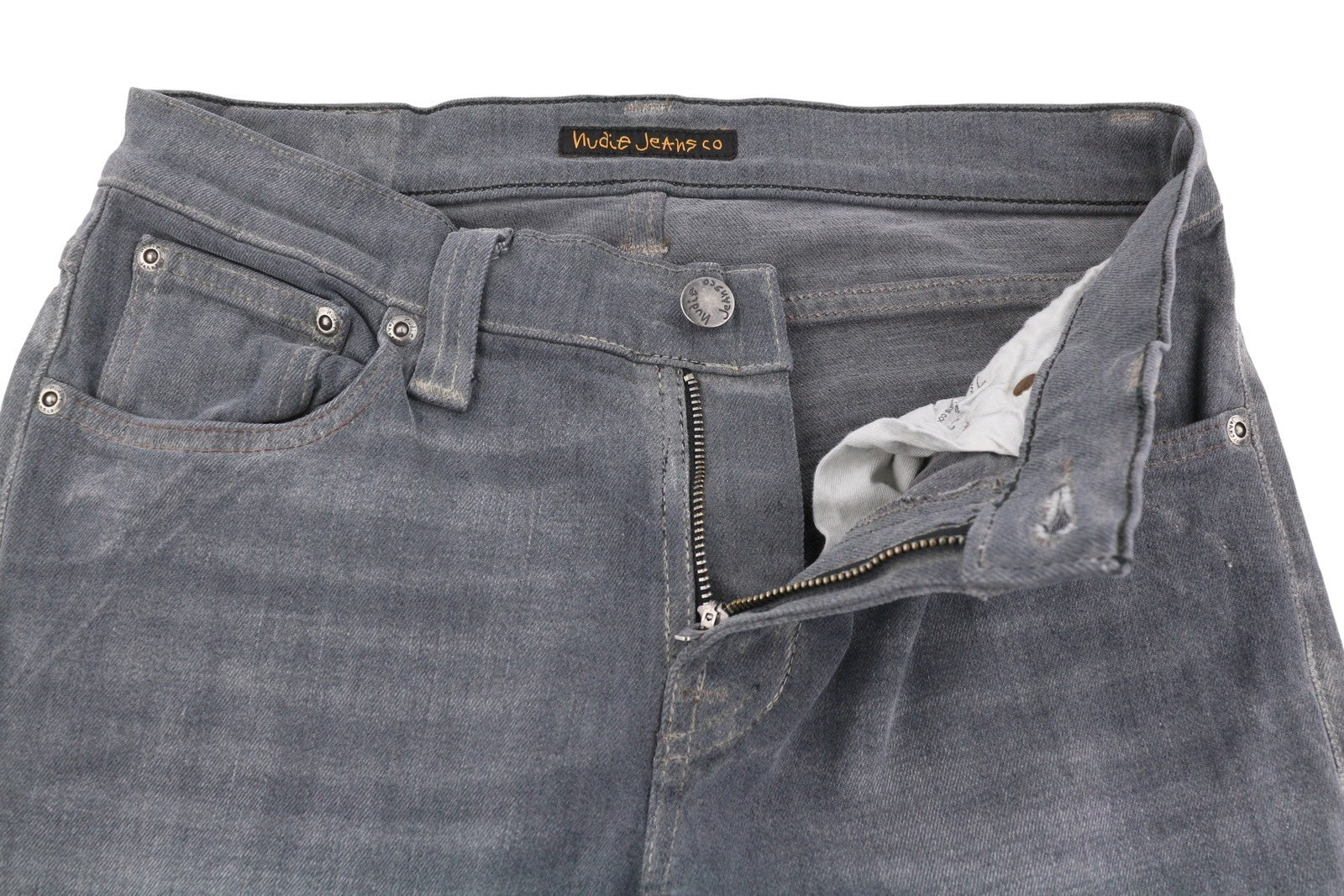 NUDIE JEANS vyriški džinsai W28/L32 pilki išblukę ūsai, ekologiški, aptempti, džinsai su užtrauktuku 