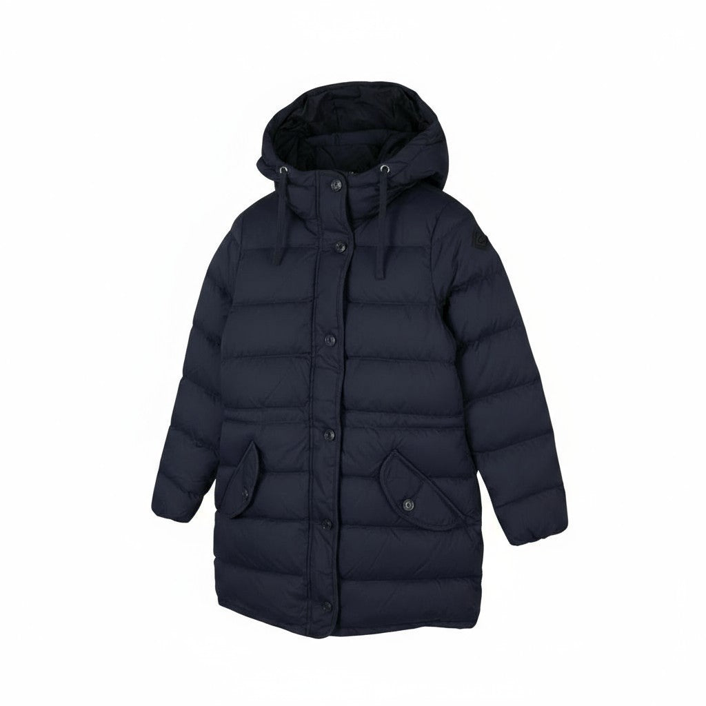 GANT Long Down Women Jacket XS Evening Blue Padded Quilted Hooded Mid RRP299