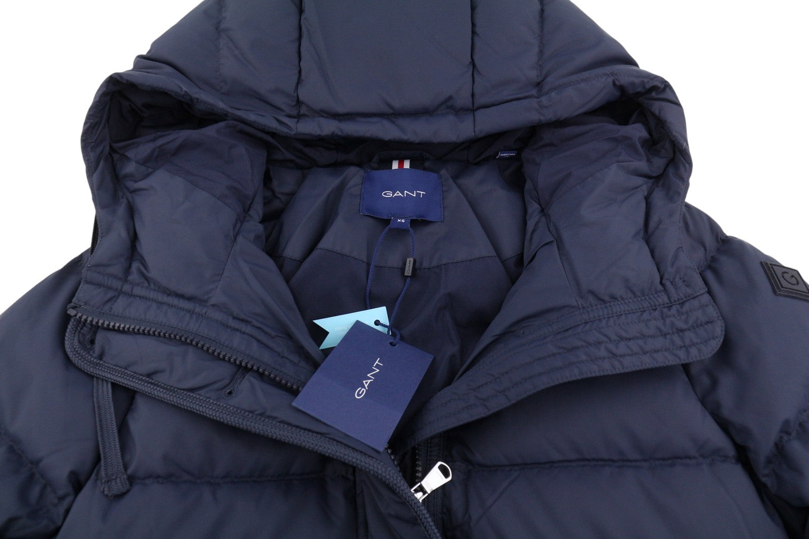 GANT Long Down Women Jacket XS Evening Blue Padded Quilted Hooded Mid RRP299