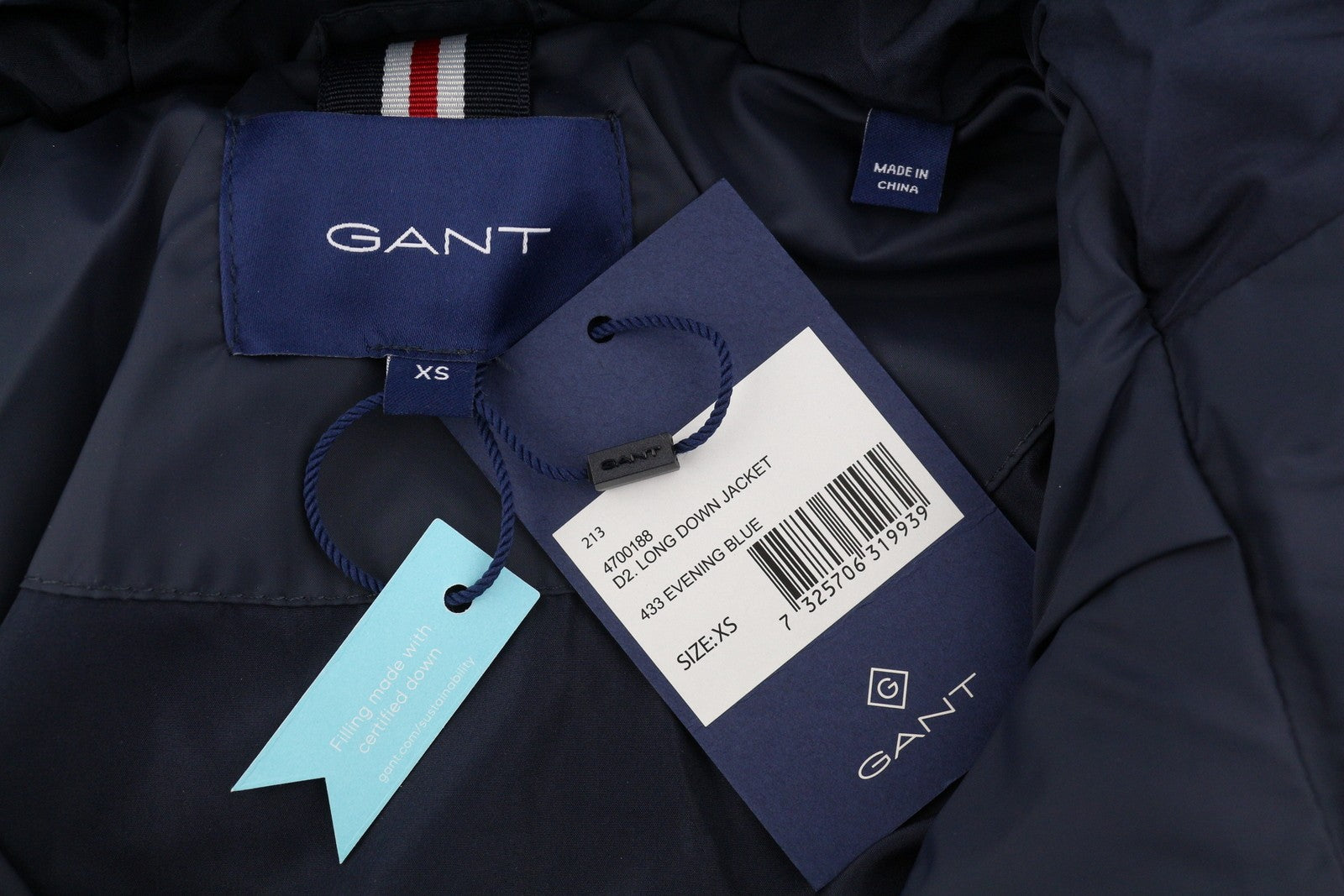 GANT Long Down Women Jacket XS Evening Blue Padded Quilted Hooded Mid RRP299