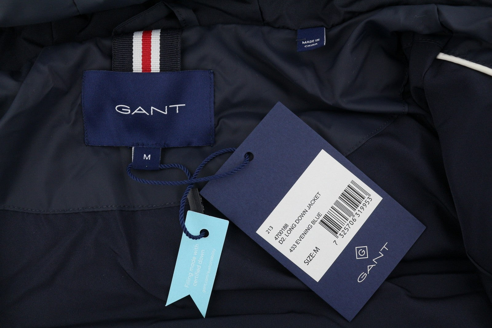 GANT Long Down Women Jacket M Evening Blue Padded Quilted Hooded Mid RRP299