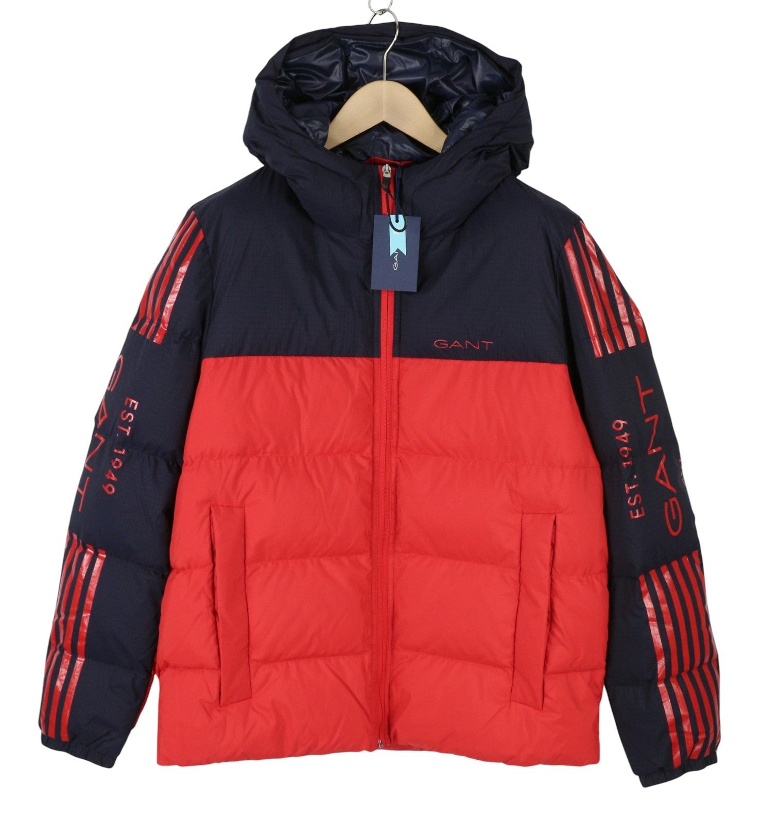 GANT Striped Block Puffer Men Jacket M Bright Red Quilted Hooded Padded RRP399