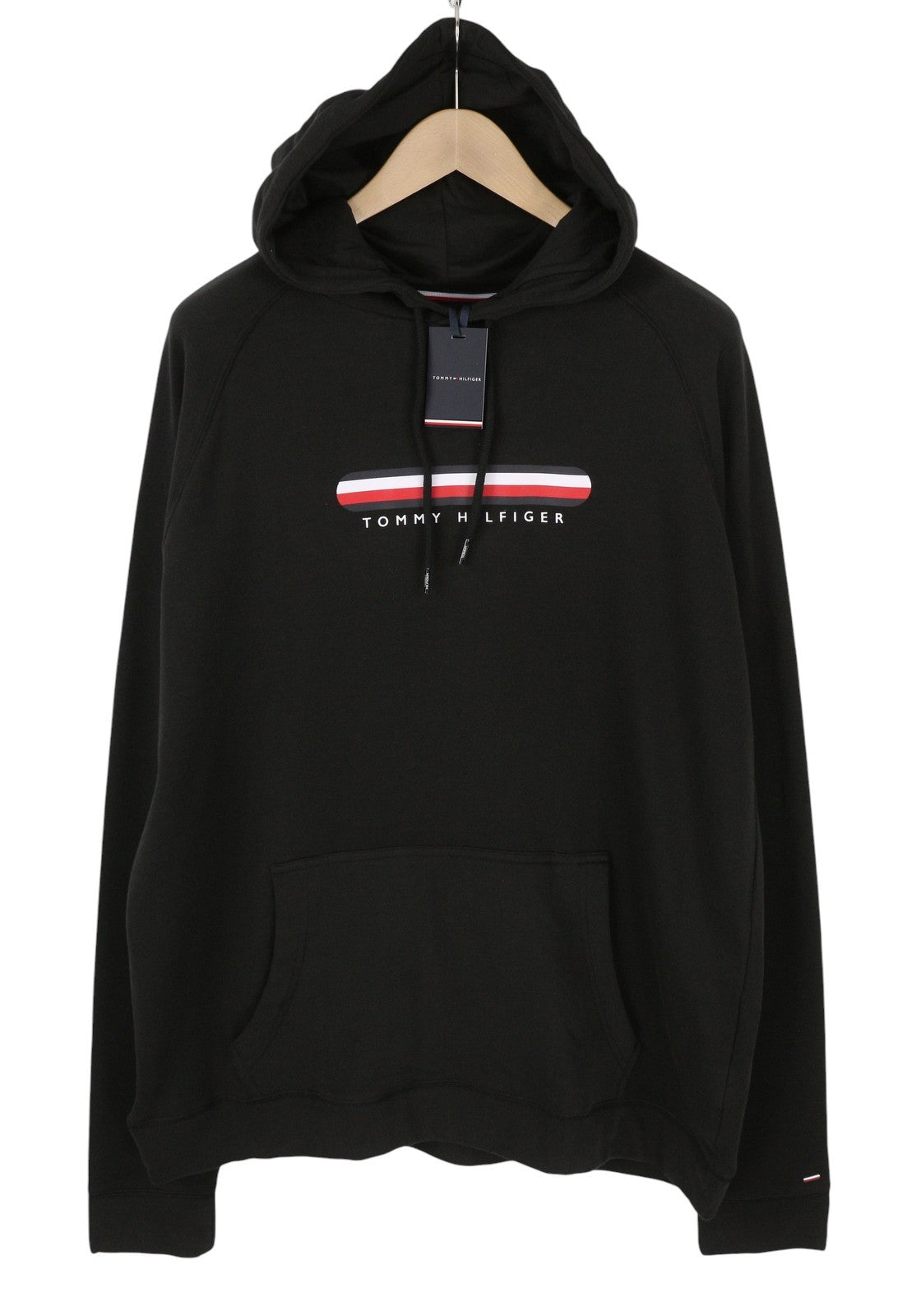 TOMMY HILFIGER Men Hoodie XL Black Oversized Kangaroo Pocket Front Logo Pullover