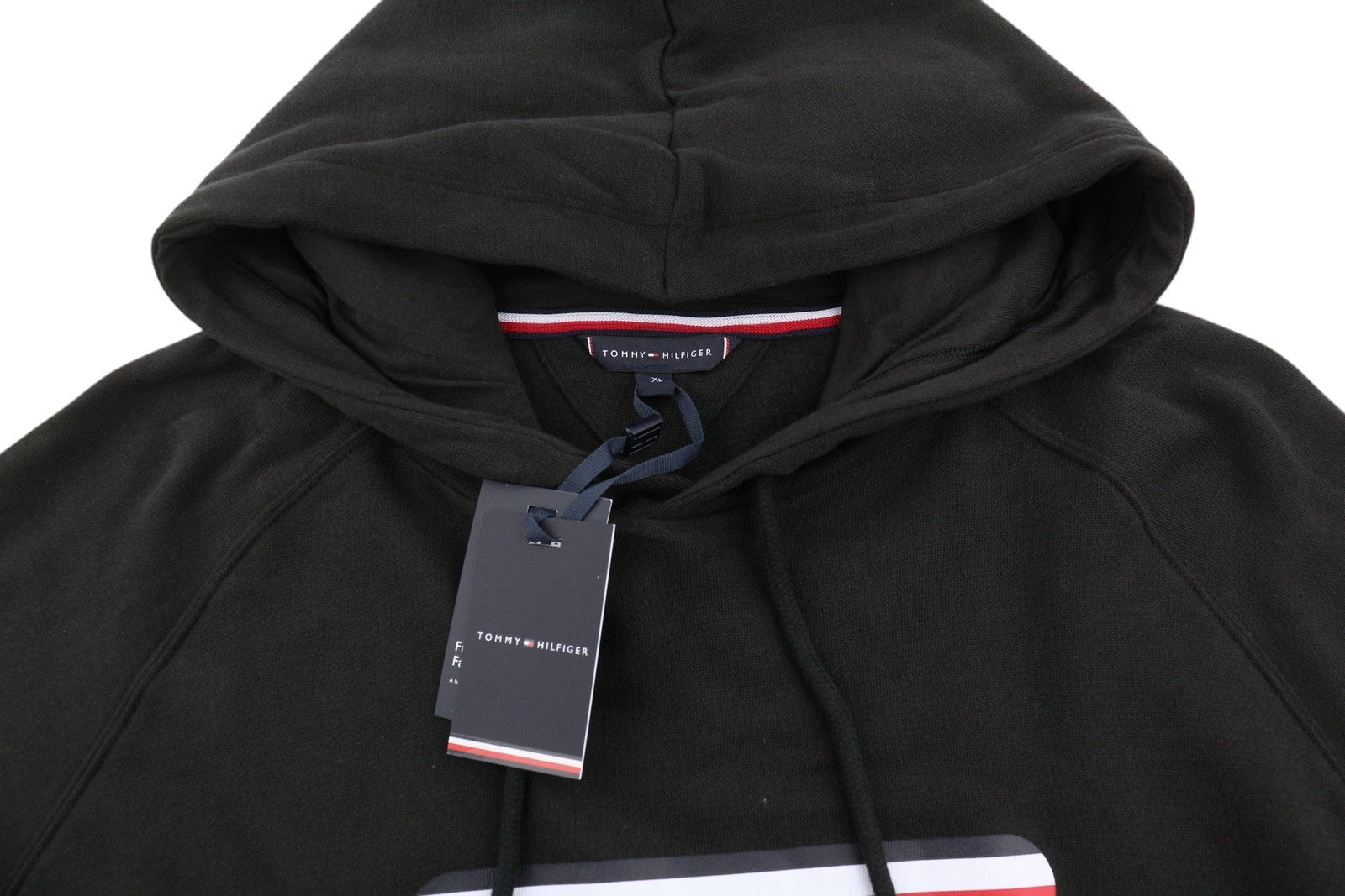 TOMMY HILFIGER Men Hoodie XL Black Oversized Kangaroo Pocket Front Logo Pullover
