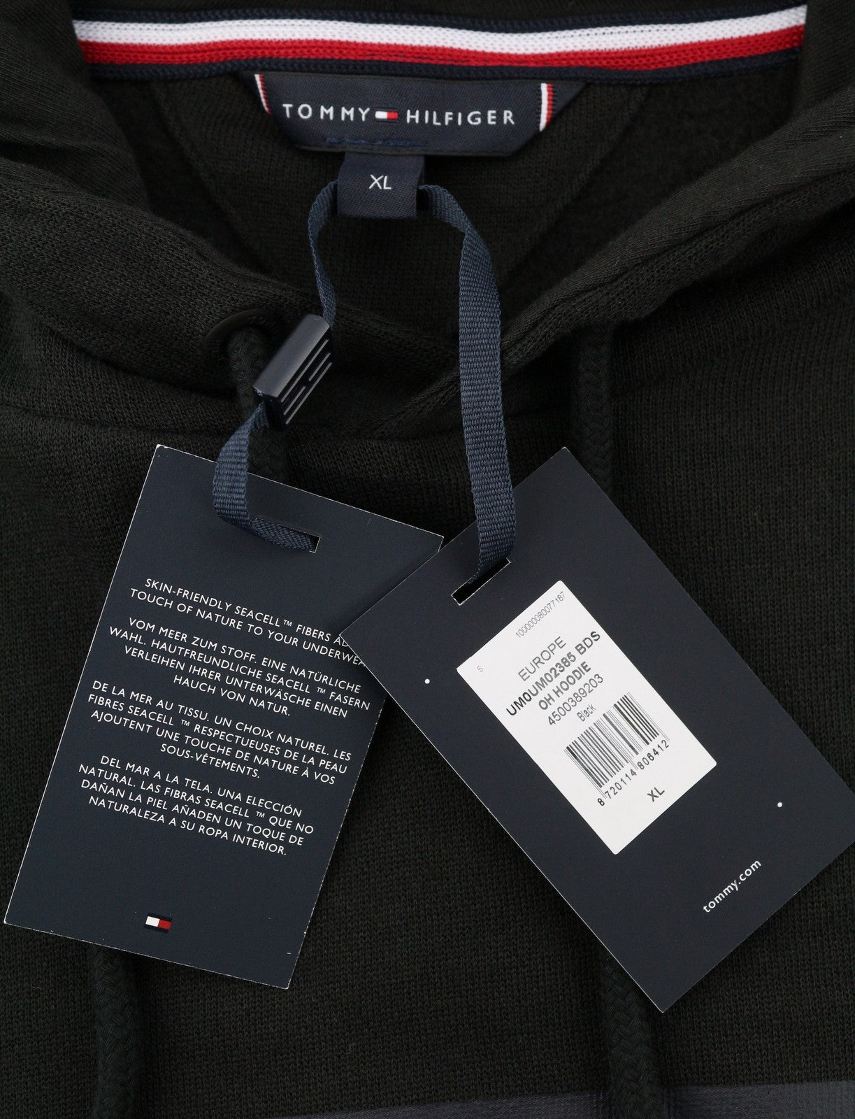 TOMMY HILFIGER Men Hoodie XL Black Oversized Kangaroo Pocket Front Logo Pullover