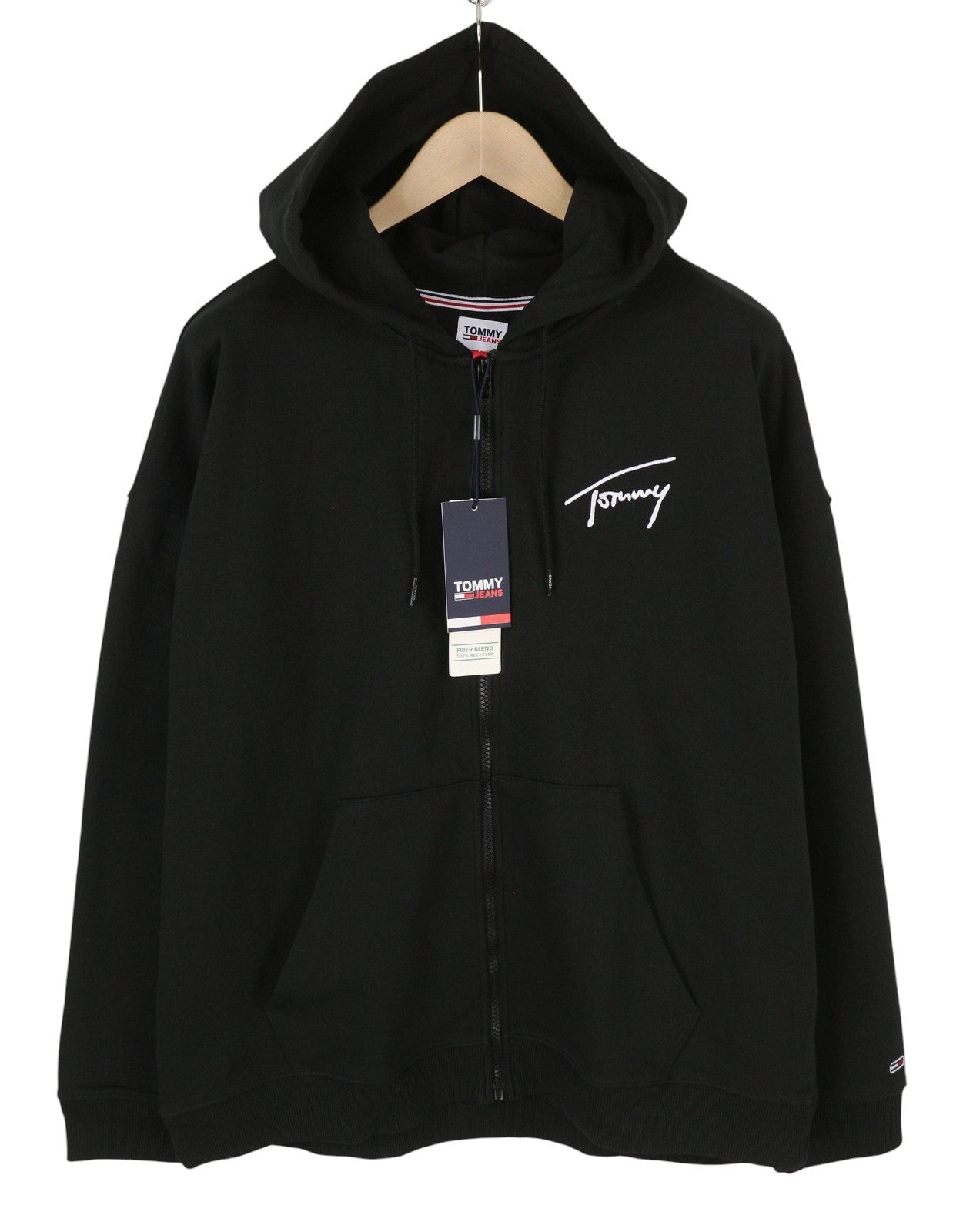TOMMY HILFIGER Men Hoodie L Black Full Zip Front Logo Oversized Pockets