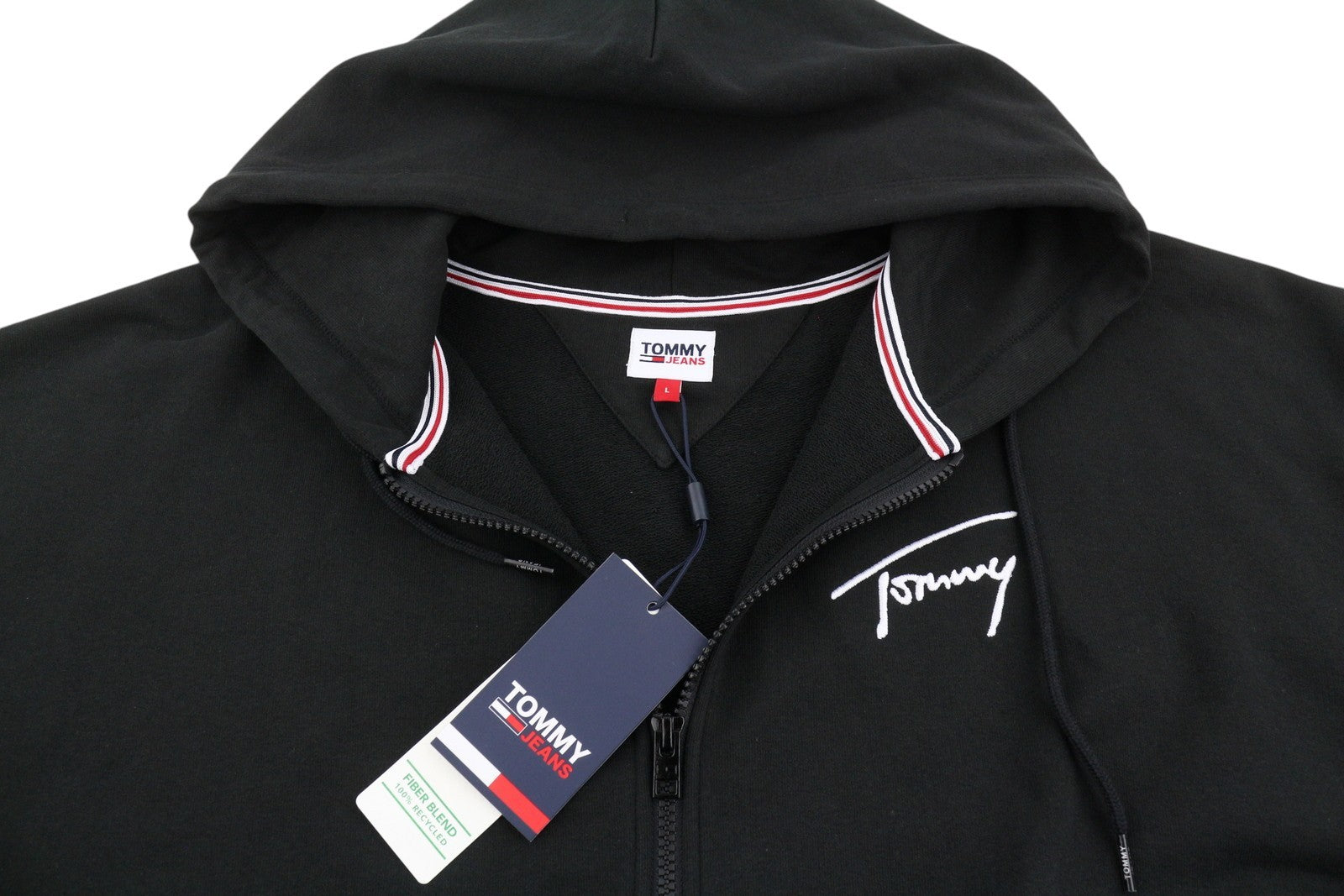 TOMMY HILFIGER Men Hoodie L Black Full Zip Front Logo Oversized Pockets