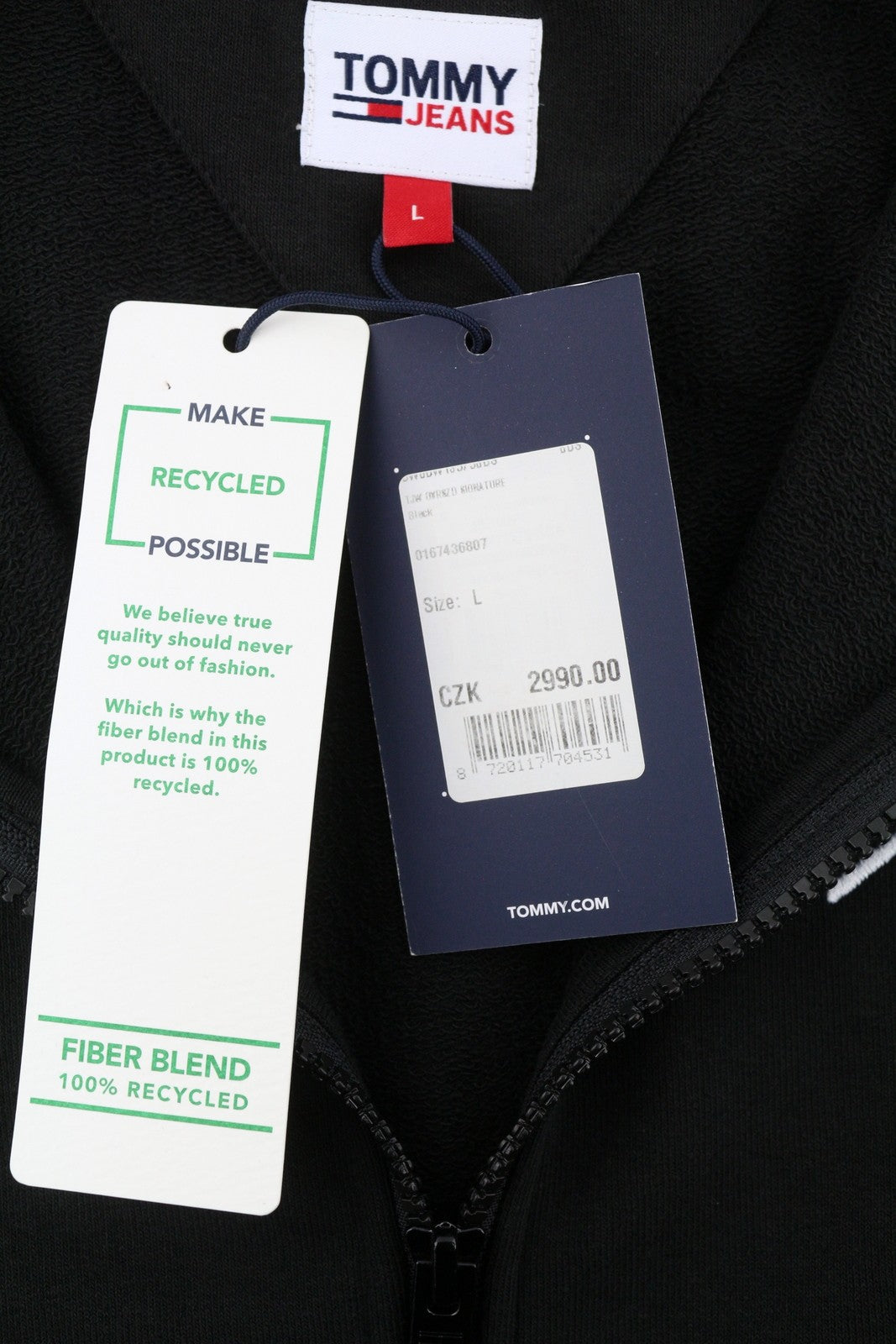 TOMMY HILFIGER Men Hoodie L Black Full Zip Front Logo Oversized Pockets