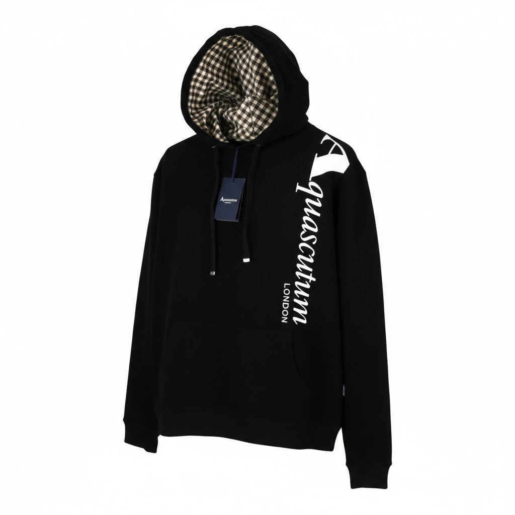 AQUASCUTUM FCIA18 Men's L Black Hoodie Pullover Straps Logo Kangaroo Pocket
