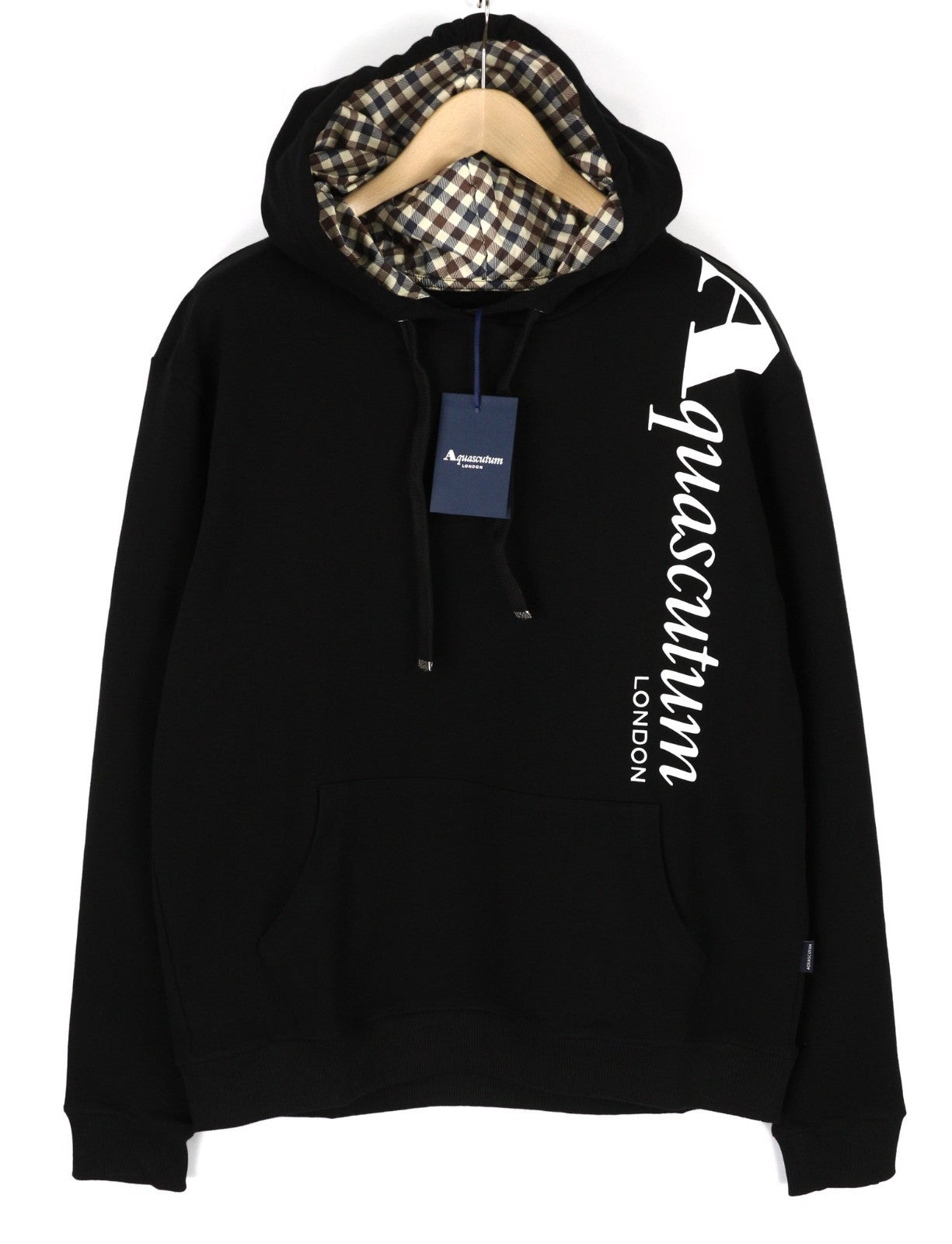 AQUASCUTUM FCIA18 Men's L Black Hoodie Pullover Straps Logo Kangaroo Pocket