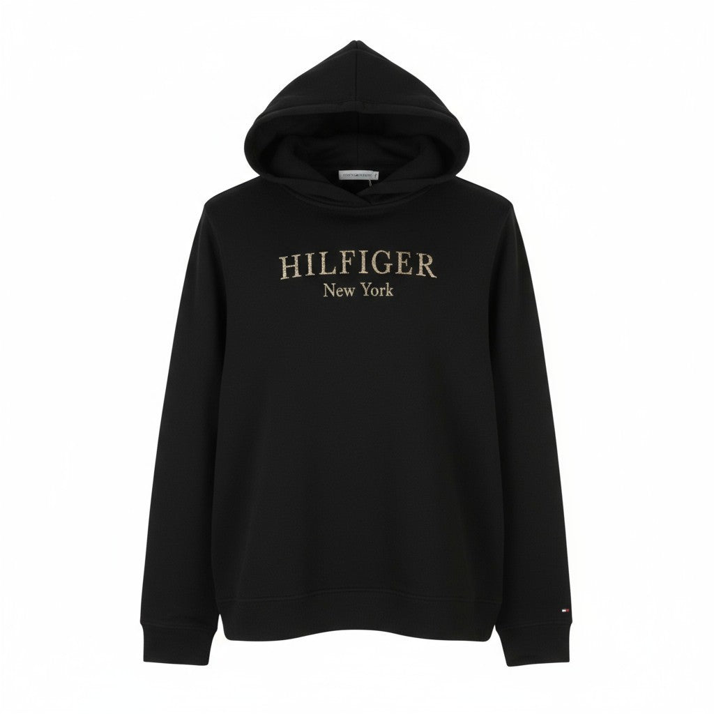 TOMMY HILFIGER Women Hoodie M Black Front Logo Oversized Loose Fit Pullover