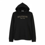 TOMMY HILFIGER Women Hoodie M Black Front Logo Oversized Loose Fit Pullover