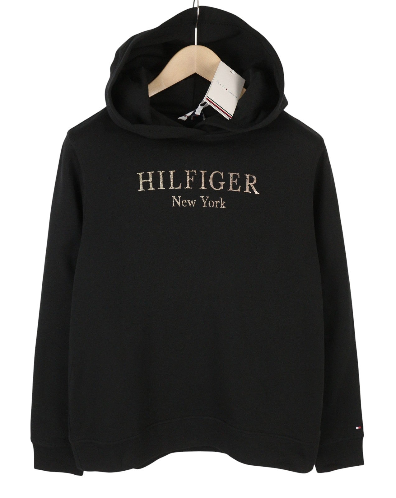 TOMMY HILFIGER Women Hoodie M Black Front Logo Oversized Loose Fit Pullover