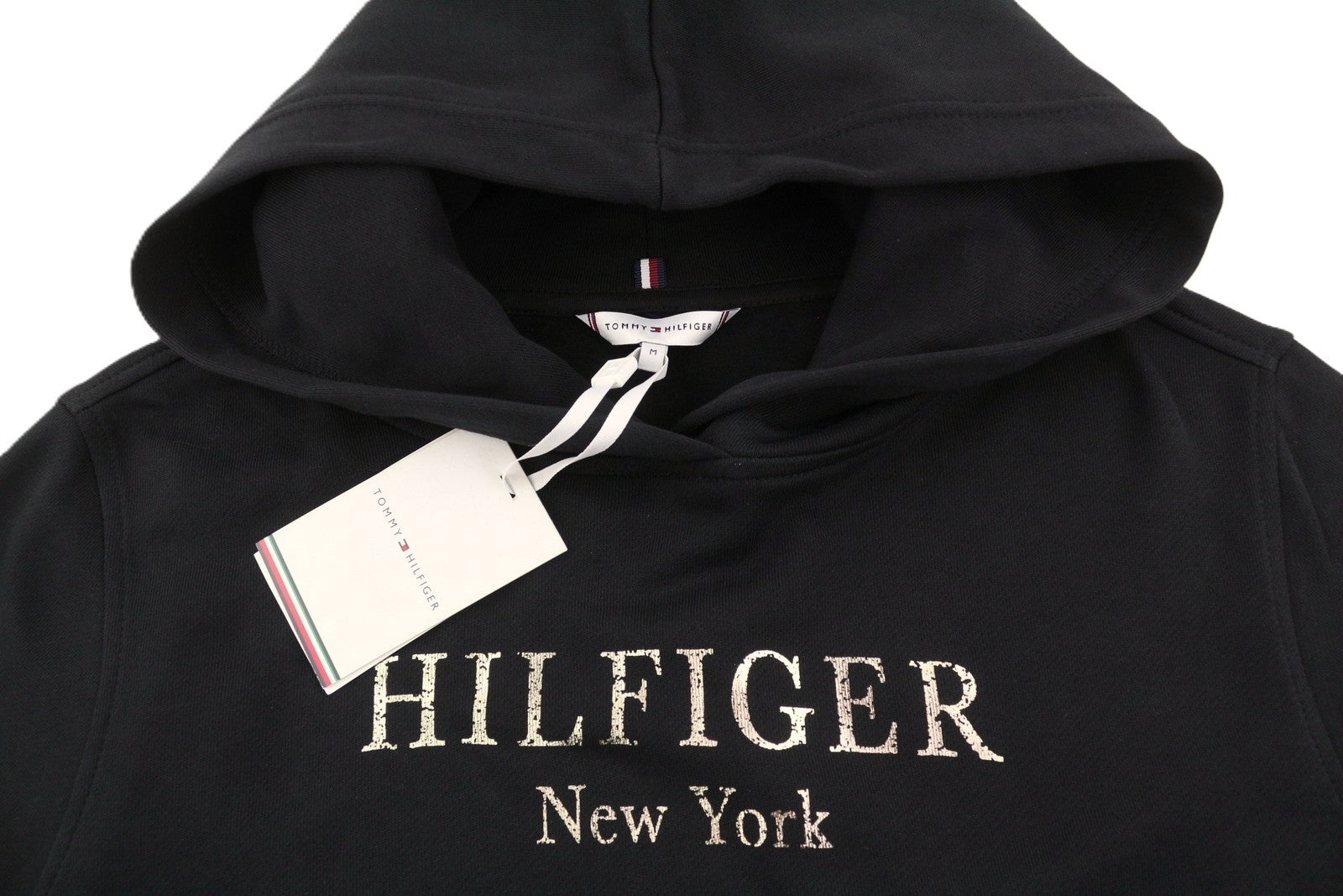 TOMMY HILFIGER Women Hoodie M Black Front Logo Oversized Loose Fit Pullover
