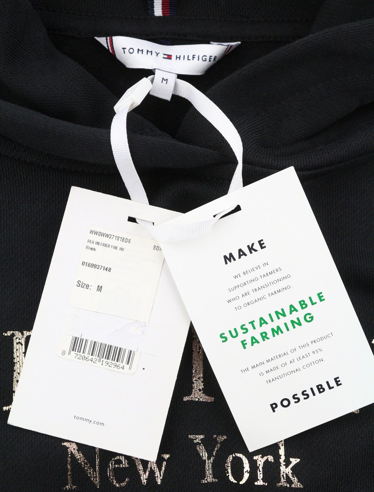 TOMMY HILFIGER Women Hoodie M Black Front Logo Oversized Loose Fit Pullover