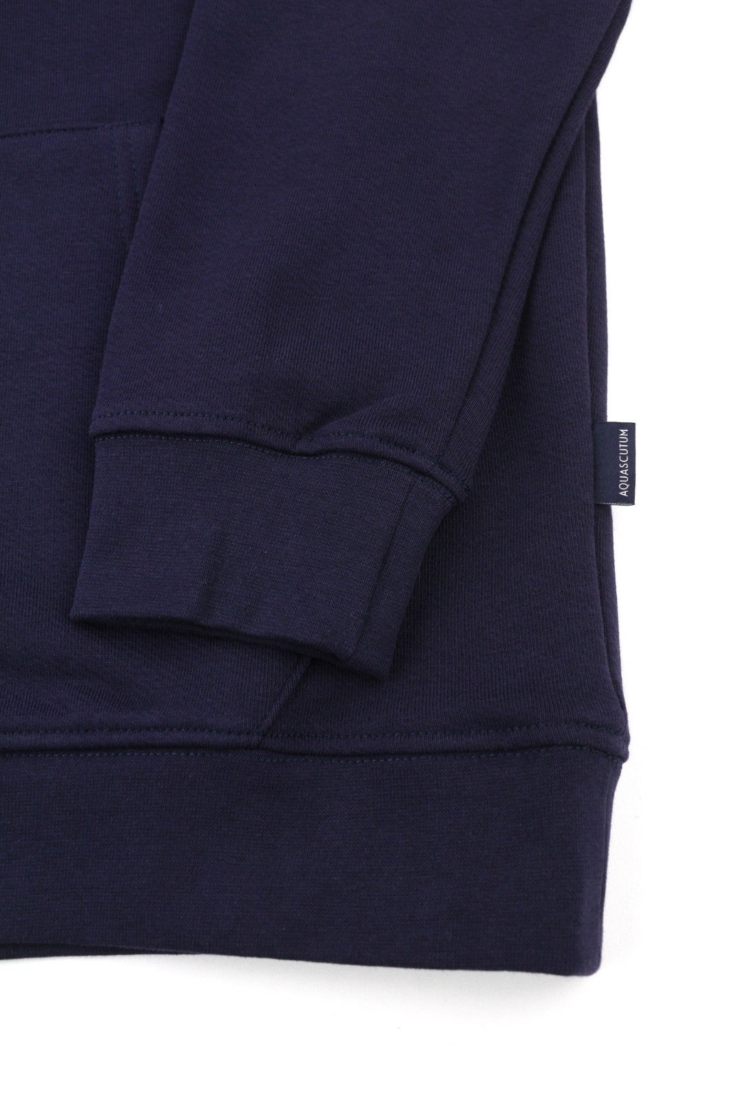 AQUASCUTUM FAI003 vyriškas L dydžio mėlynas megztinis su gobtuvu ir logotipo dirželiais, kengūros kišene 