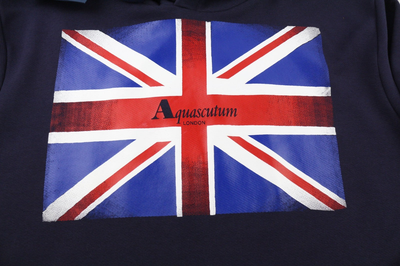 AQUASCUTUM FAI003 vyriškas L dydžio mėlynas megztinis su gobtuvu ir logotipo dirželiais, kengūros kišene 