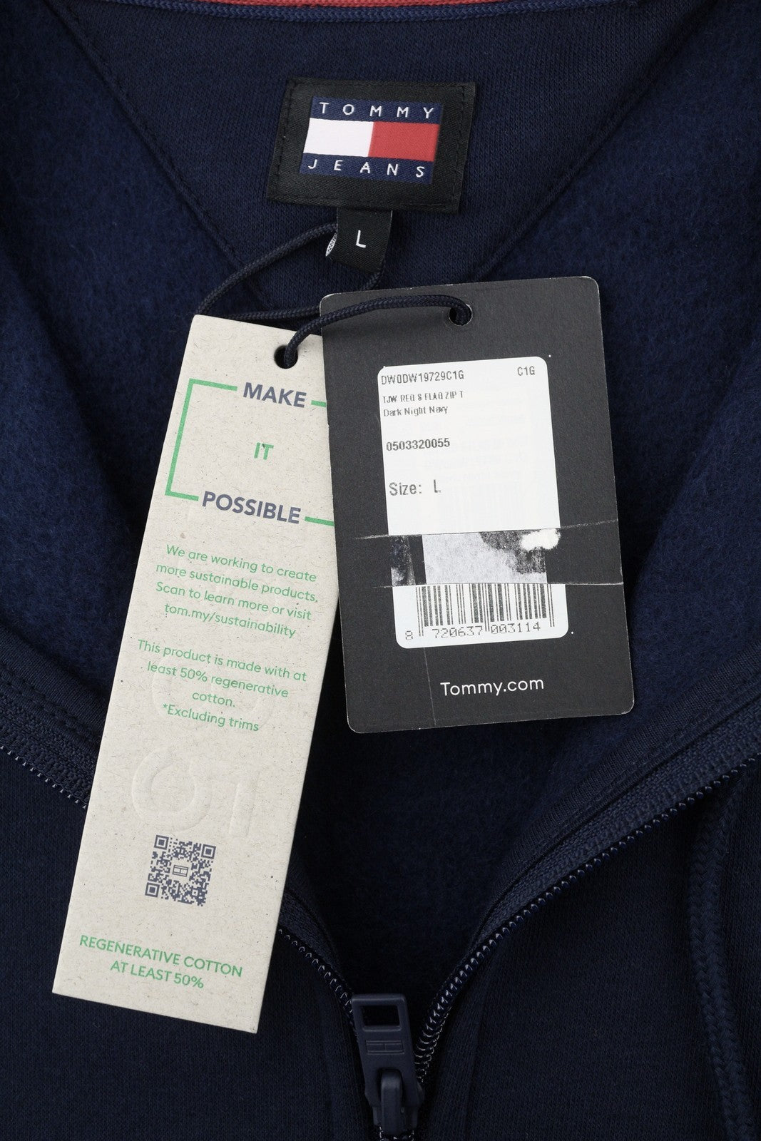 TOMMY HILFIGER Req S Flag Zip Women Hoodie L Dark Night Navy Loose Fit Pockets