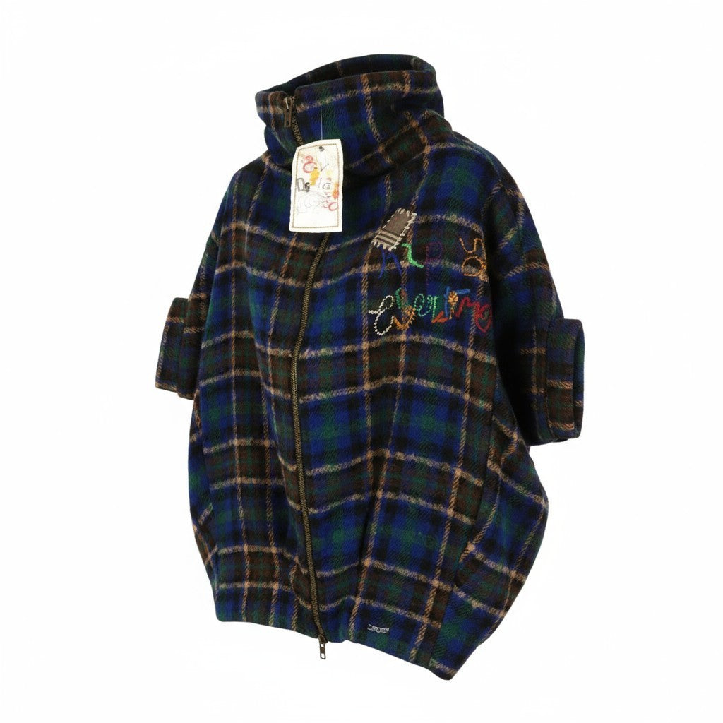 DESIGUAL Women's ~L Wool Blend Checked Coat Short Sleeve High Neck Logo