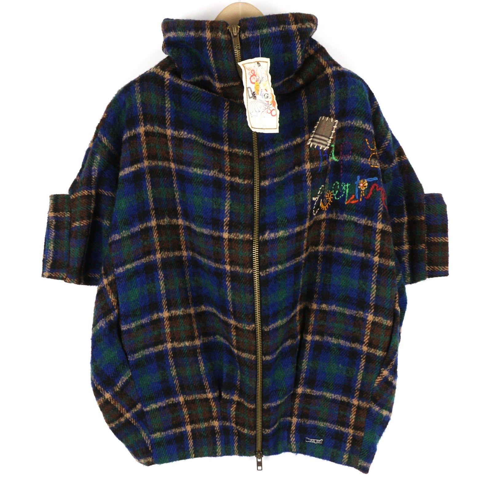 DESIGUAL Women's ~L Wool Blend Checked Coat Short Sleeve High Neck Logo