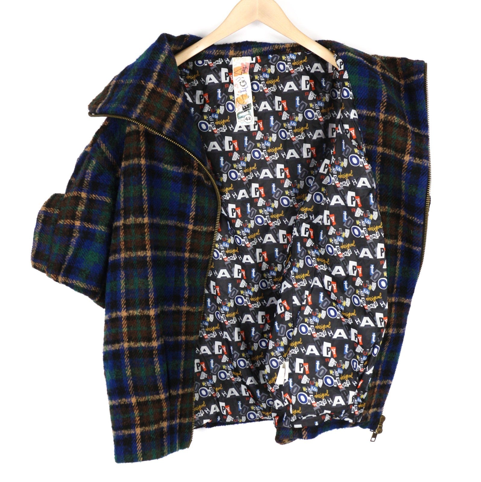 DESIGUAL Women's ~L Wool Blend Checked Coat Short Sleeve High Neck Logo