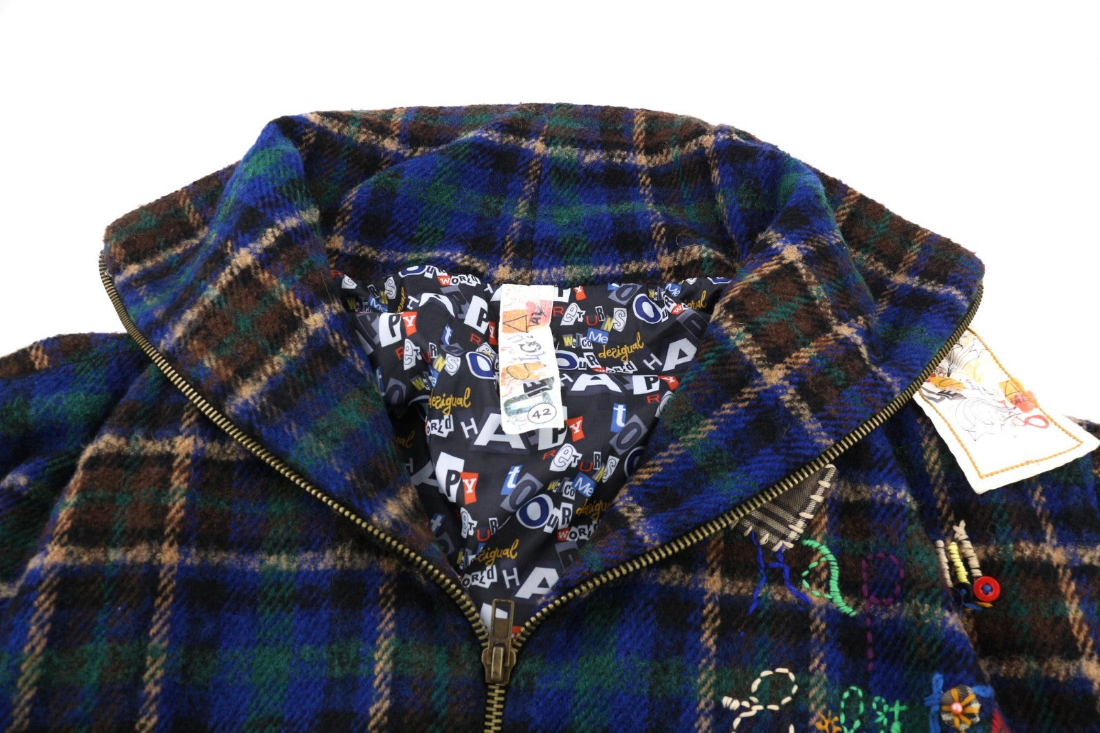 DESIGUAL Women's ~L Wool Blend Checked Coat Short Sleeve High Neck Logo