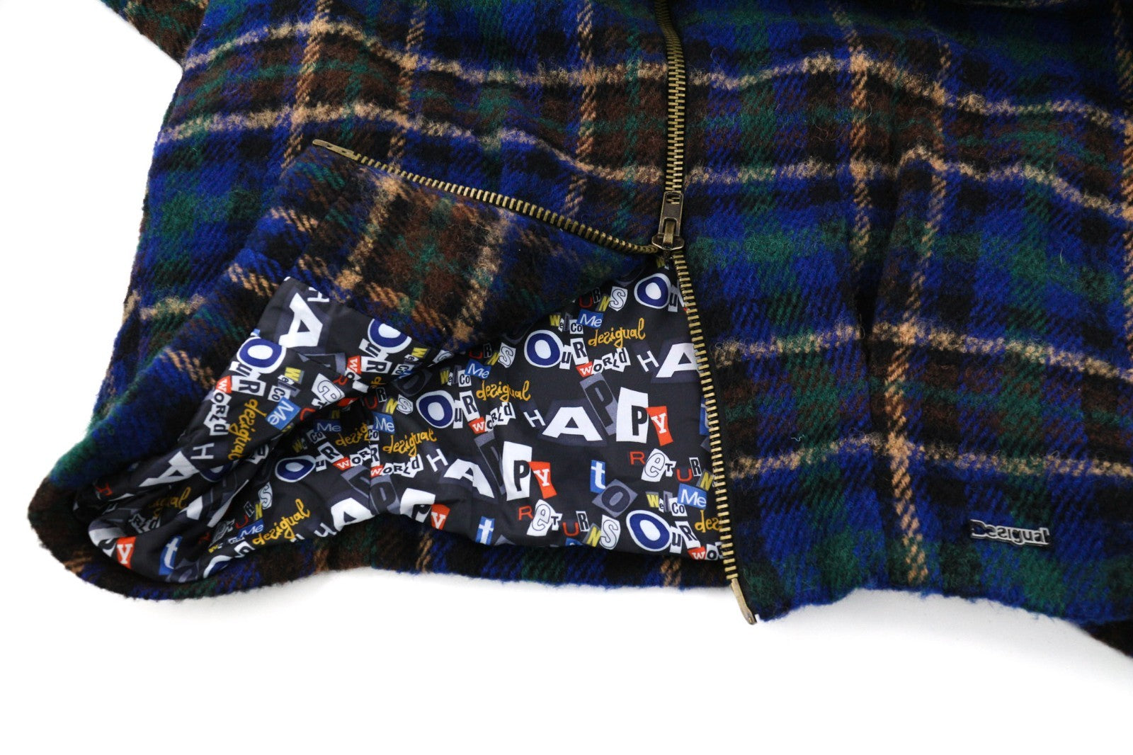 DESIGUAL Women's ~L Wool Blend Checked Coat Short Sleeve High Neck Logo