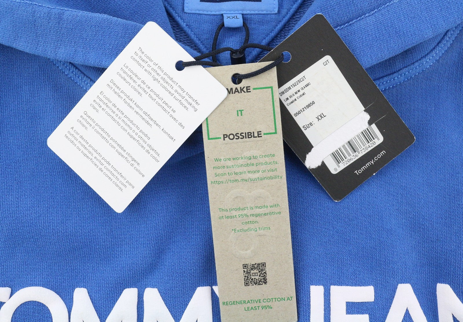 TOMMY HILFIGER Req New Classic vyriškas megztinis su gobtuvu, 2XL dydžio, mėlynas, išblukęs kengūros logotipas. 