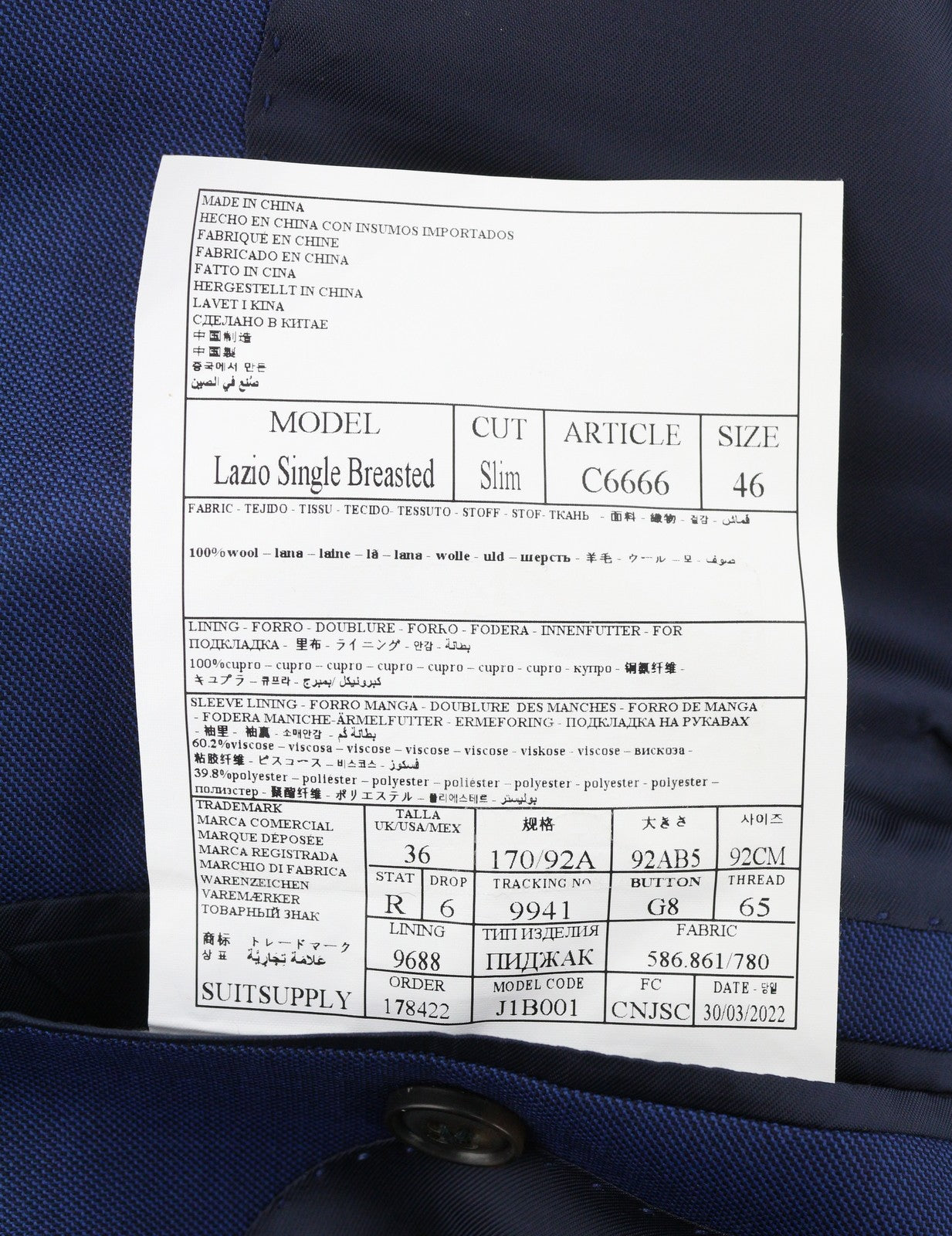 SUITSUPPLY Lazio Single Breasted Men Blazer UK36R Blue Wool Notch Lapel Button