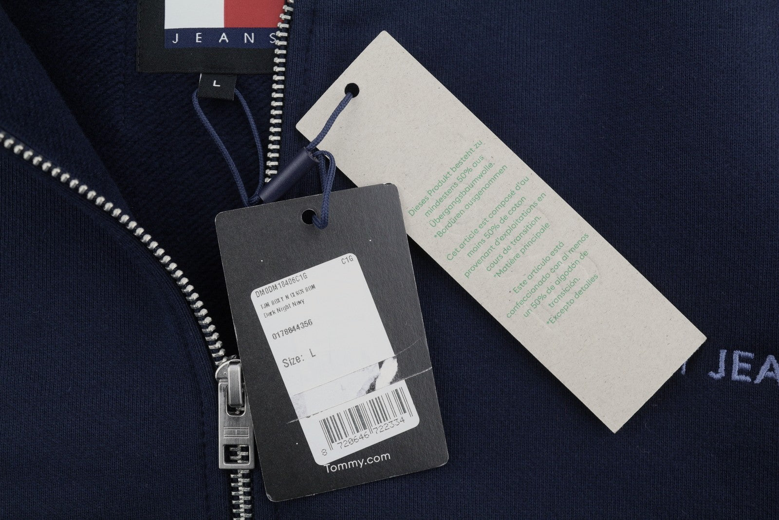 TOMMY HILFIGER vyriškas džemperis L dydžio, tamsiai mėlynas, su dideliu bomber kaklu ir logotipu, užtrauktuku. 