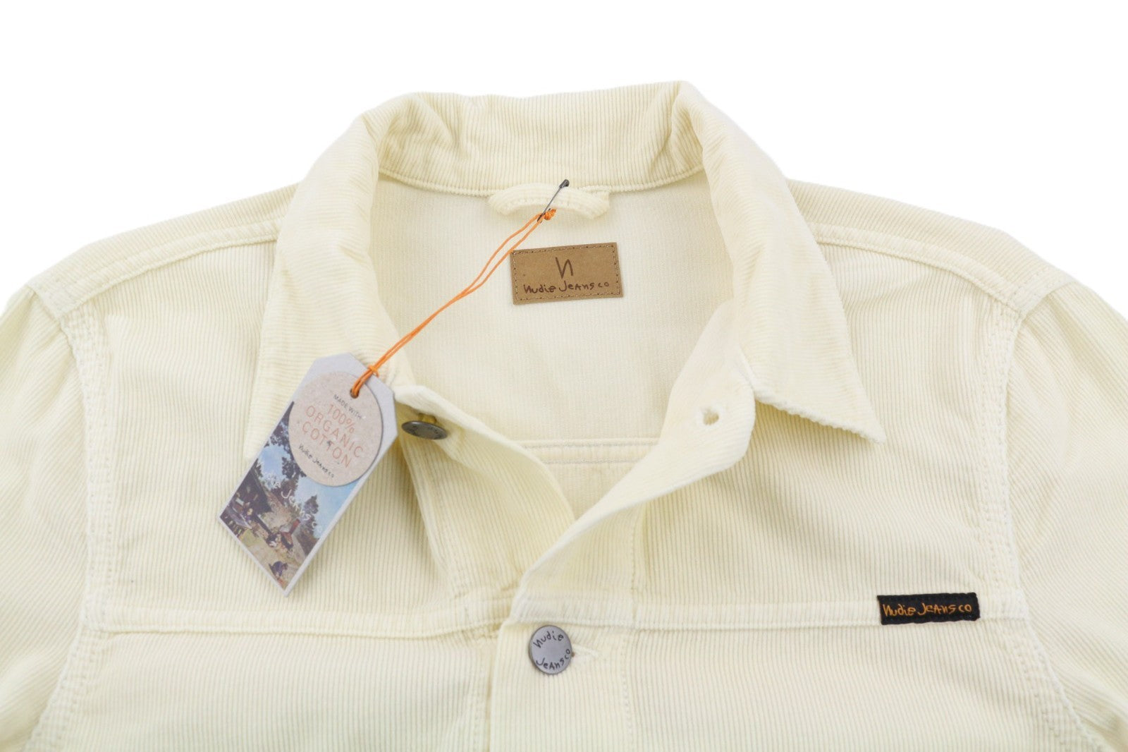 NUDIE JEANS Ronny vyriška dulkėta balta ekologiško velveto striukė su sagomis 