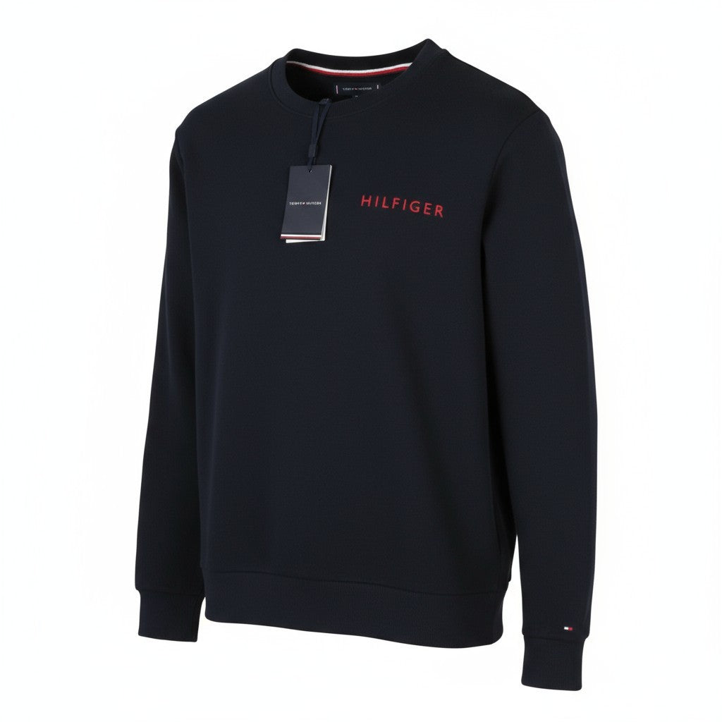 TOMMY HILFIGER vyriškas džemperis L dydžio, tamsiai mėlynas, apvalios iškirptės formos, su logotipu priekyje. 