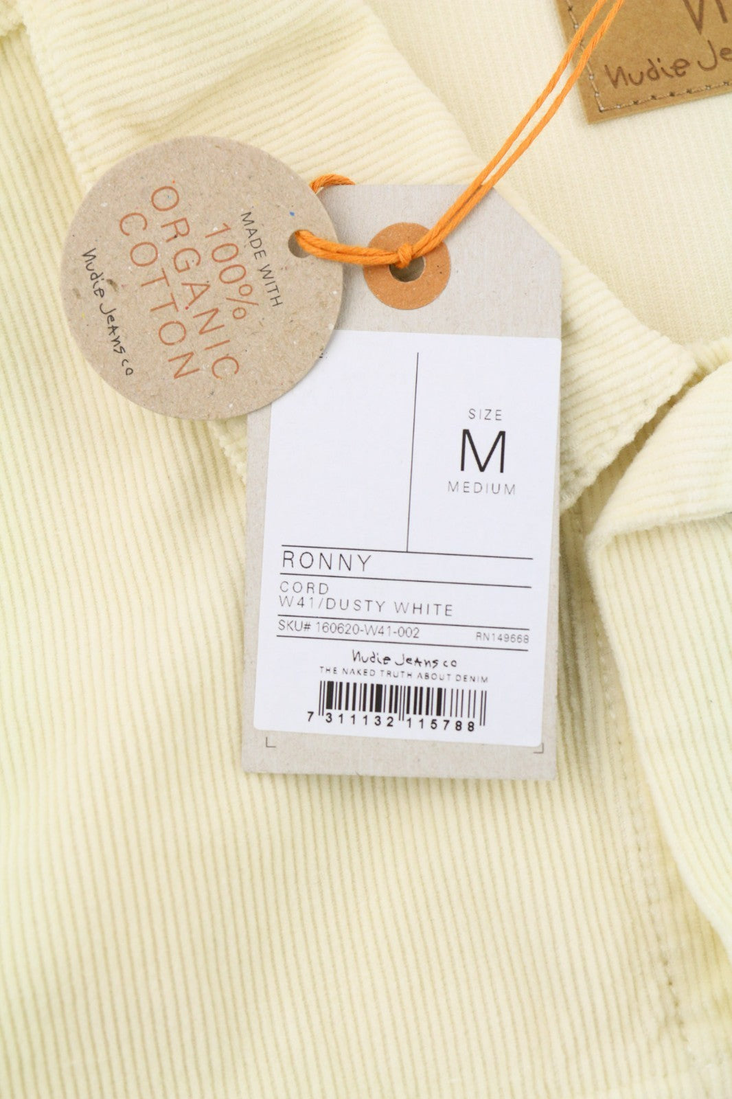 NUDIE JEANS Ronny vyriška dulkėta balta ekologiško velveto striukė su sagomis M 