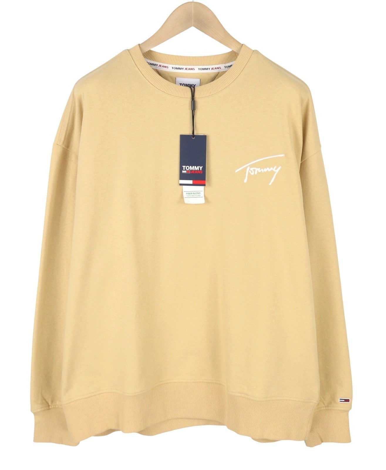 TOMMY HILFIGER Men Sweatshirt 2XL Beige Crew Neck Embroidered Logo Pullover